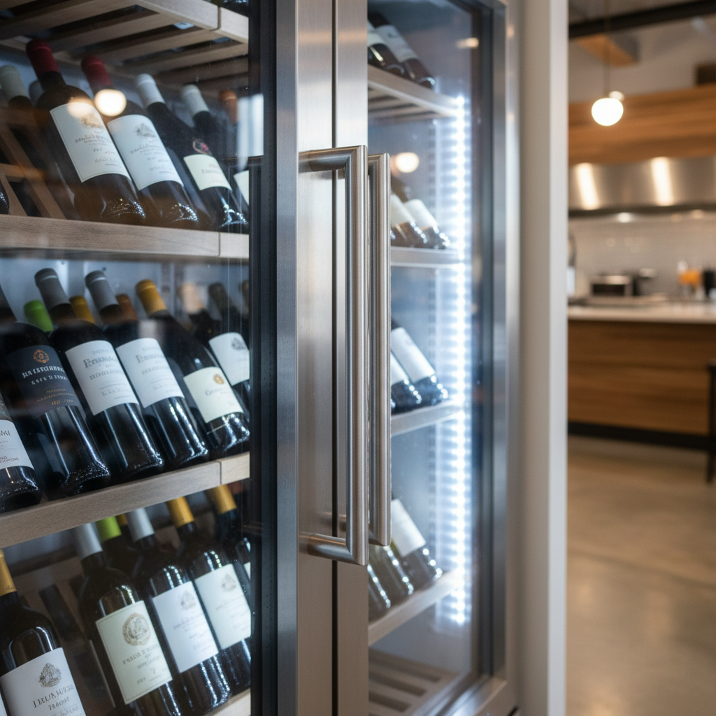 order upright glass door freezer detail view close-up
