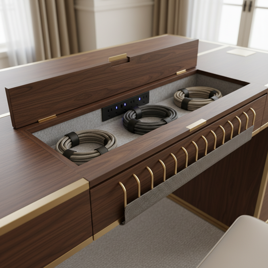 cable management writing desk detail view close-up