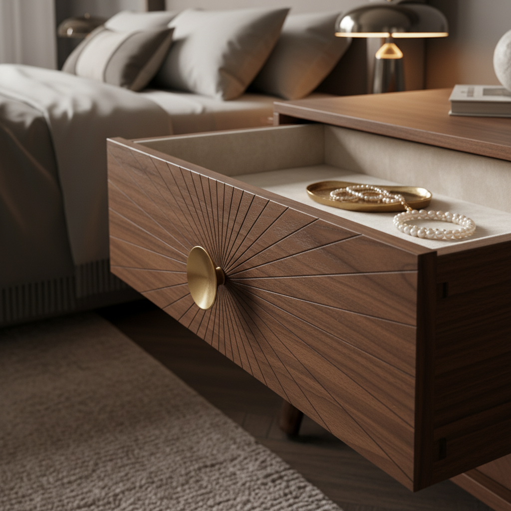 one drawer bedside table detail view close-up