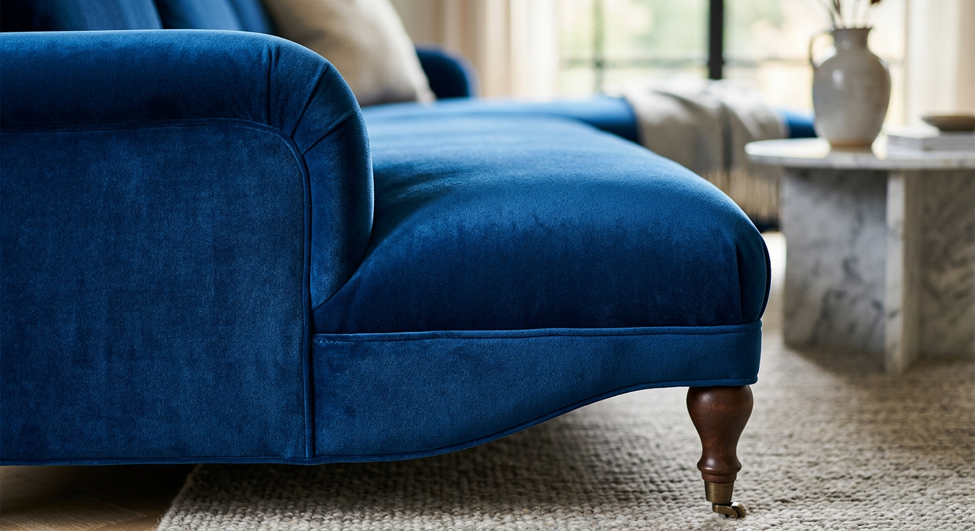 high-end velvet sofa detail view close-up
