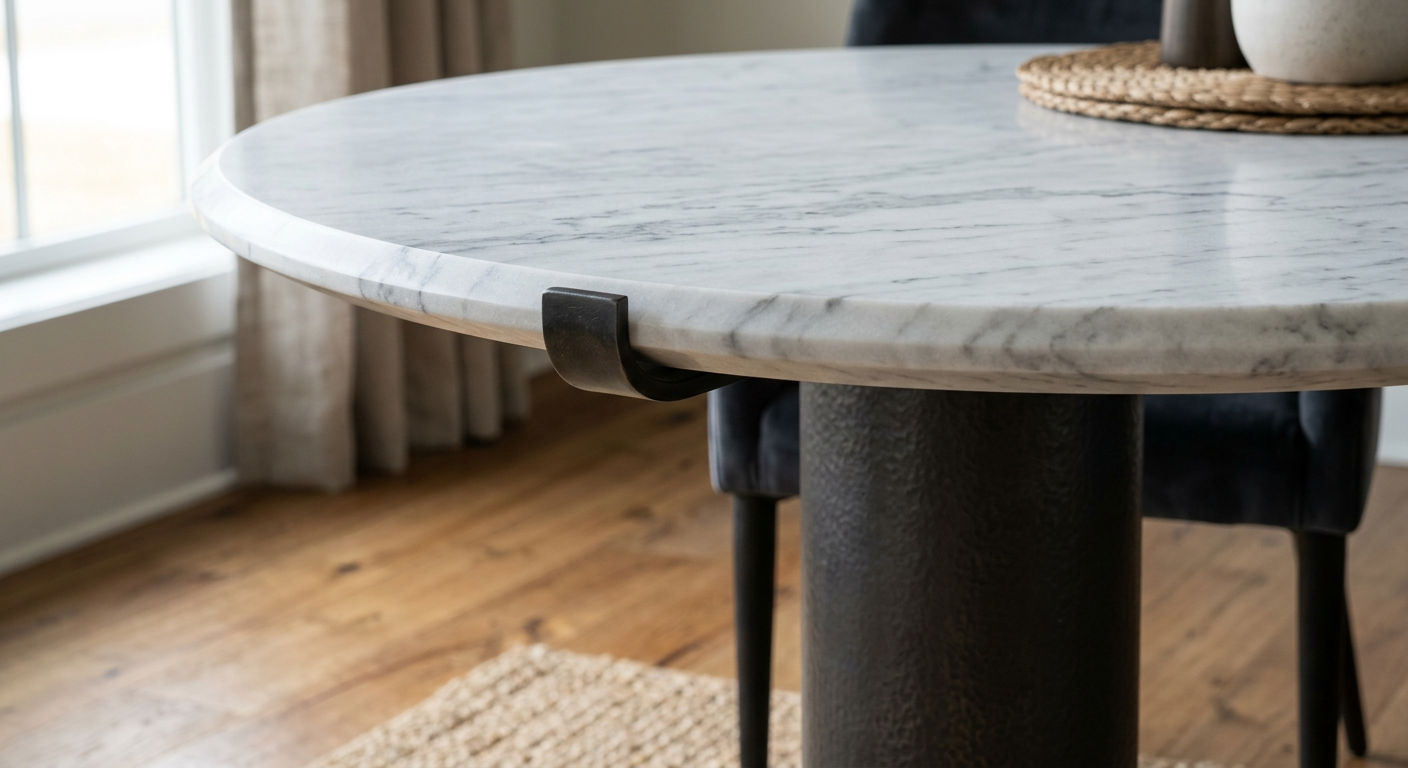 round marble dining table detail view close-up